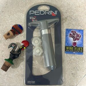 Pedrini Wine Saver with 2 Stoppers new. Wine magnet & bottle toppers used
